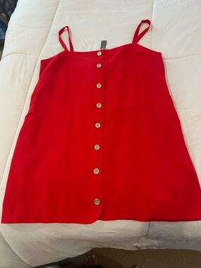 J. Crew Red Linen Button-Front Spaghetti Strap Mini Dress